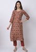 Maroon & Beige Muslin Printed Kurta Set With Dupatta