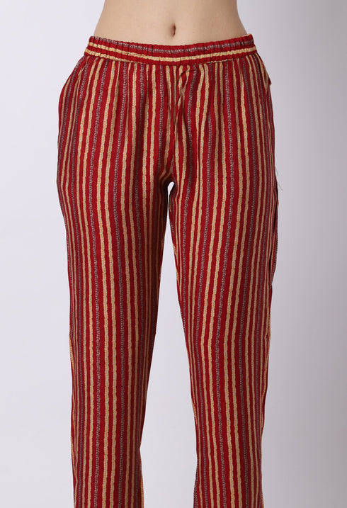 Maroon & Beige Muslin Printed Kurta Set With Dupatta