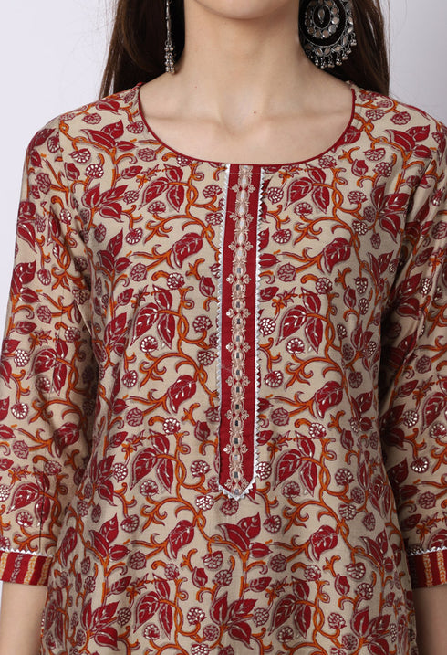 Maroon & Beige Muslin Printed Kurta Set With Dupatta