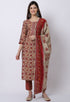 Maroon & Beige Muslin Printed Kurta Set With Dupatta