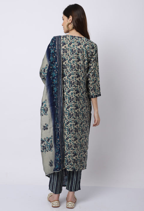Navy Blue & Beige Muslin Printed Kurta Set With Dupatta