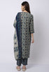 Navy Blue & Beige Muslin Printed Kurta Set With Dupatta