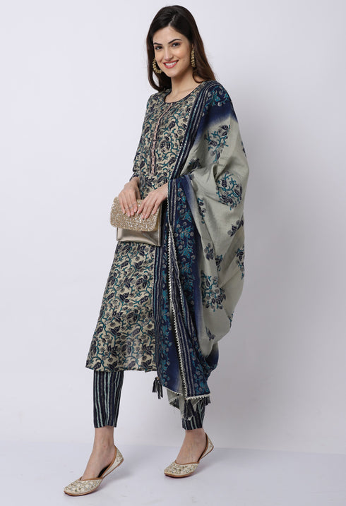 Navy Blue & Beige Muslin Printed Kurta Set With Dupatta