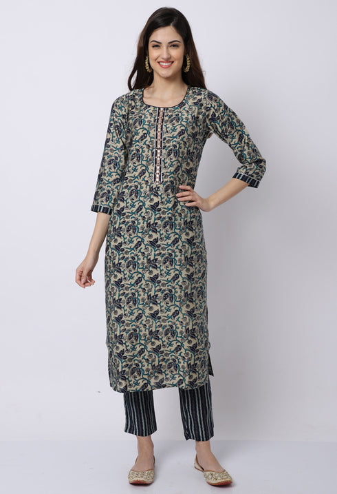 Navy Blue & Beige Muslin Printed Kurta Set With Dupatta