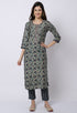 Navy Blue & Beige Muslin Printed Kurta Set With Dupatta