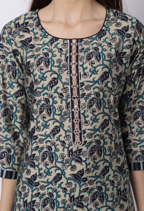Navy Blue & Beige Muslin Printed Kurta Set With Dupatta