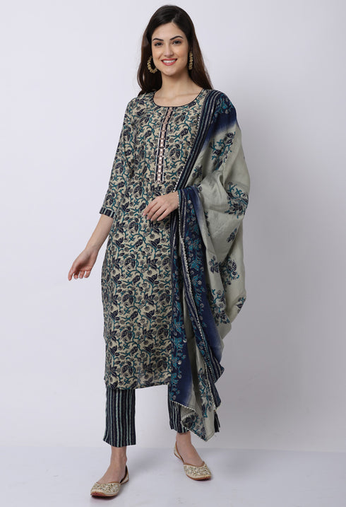 Navy Blue & Beige Muslin Printed Kurta Set With Dupatta