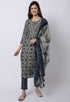 Navy Blue & Beige Muslin Printed Kurta Set With Dupatta