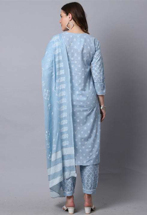 Pure Cambric Cotton Jaipuri Printed & Embroidered Kurta Set With Dupatta