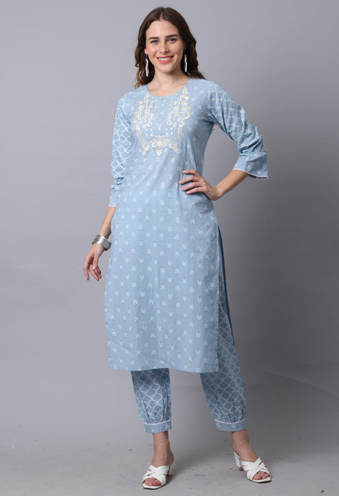 Pure Cambric Cotton Jaipuri Printed & Embroidered Kurta Set With Dupatta