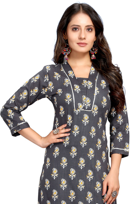 Grey Pure Cambric Cotton Jaipuri Printed Kurti