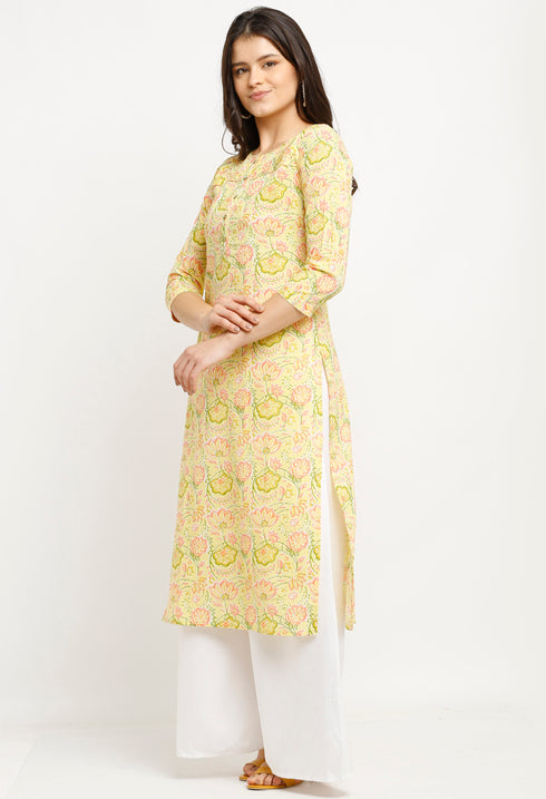 Yellow Pure Cambric Cotton Jaipuri Printed Kurti
