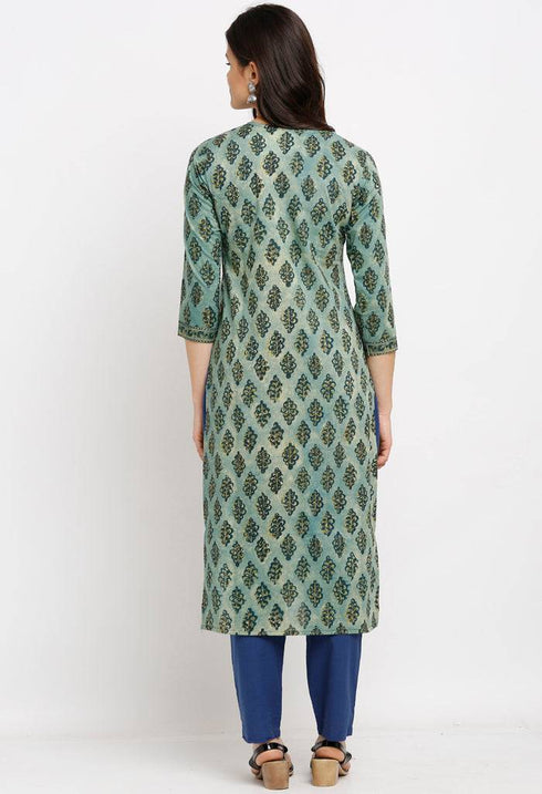 Green Pure Cambric Cotton Jaipuri Printed Angrakha Kurti