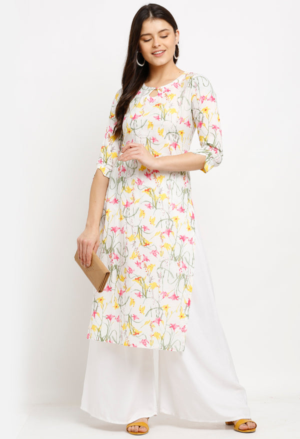 White Pure Cambric Cotton Jaipuri Printed Kurti