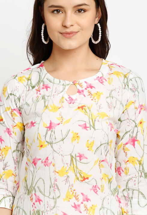 White Pure Cambric Cotton Jaipuri Printed Kurti