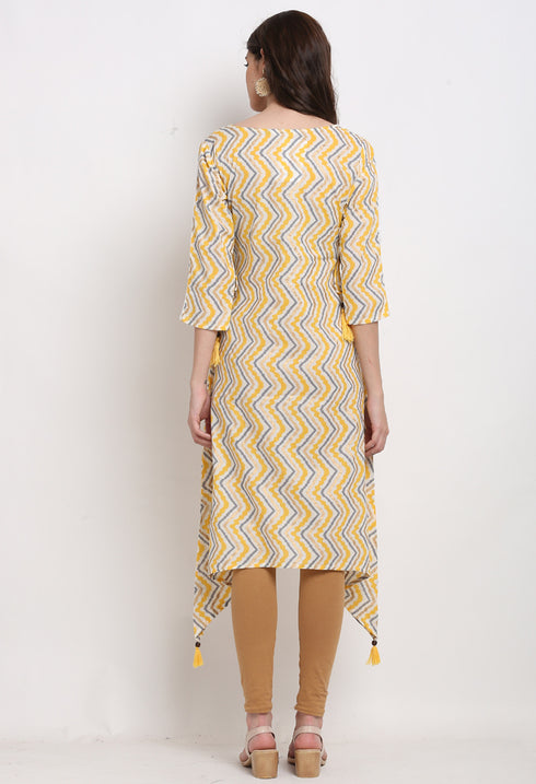 Off-White And Yellow Pure Cambric Cotton Jaipuri Printed Kurti