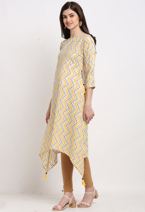 Off-White And Yellow Pure Cambric Cotton Jaipuri Printed Kurti