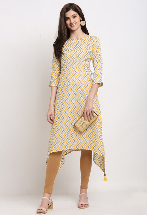 Off-White And Yellow Pure Cambric Cotton Jaipuri Printed Kurti