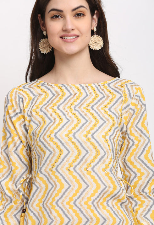 Off-White And Yellow Pure Cambric Cotton Jaipuri Printed Kurti
