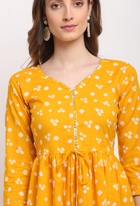 Yellow Pure Cambric Cotton Jaipuri Bandhani Printed Kurti