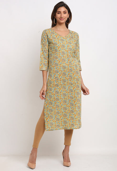 Light Green And Blue Pure Cambric Cotton Jaipuri Floral Printed Kurti