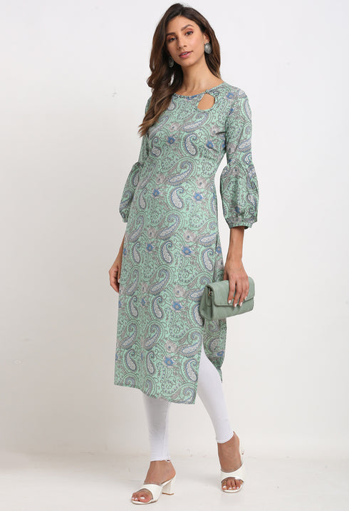 Turquoise green Pure Cambric Cotton Jaipuri Floral Printed Kurti