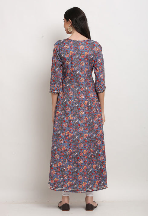 Purple Pure Cambric Cotton Jaipuri Floral Printed Kurti