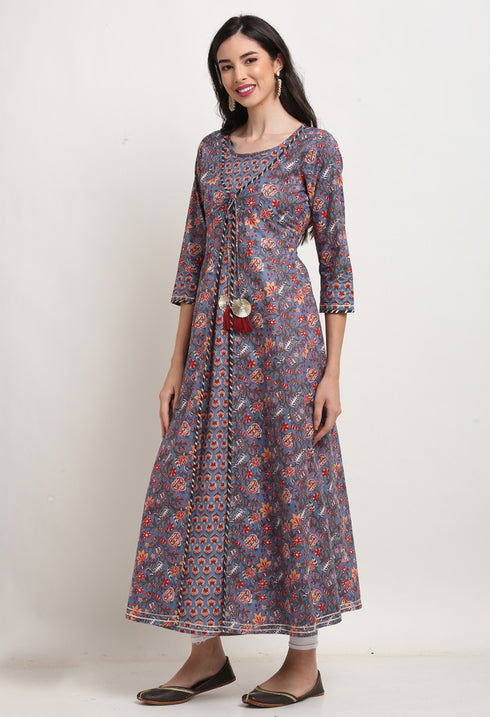 Purple Pure Cambric Cotton Jaipuri Floral Printed Kurti