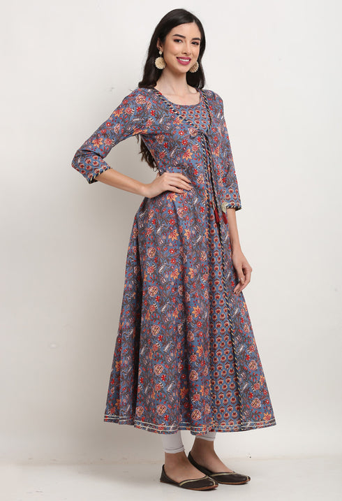 Purple Pure Cambric Cotton Jaipuri Floral Printed Kurti