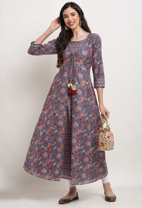 Purple Pure Cambric Cotton Jaipuri Floral Printed Kurti