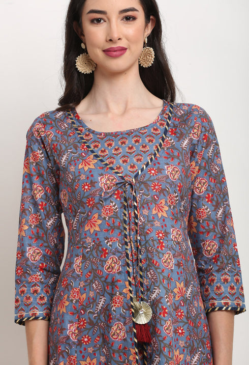 Purple Pure Cambric Cotton Jaipuri Floral Printed Kurti