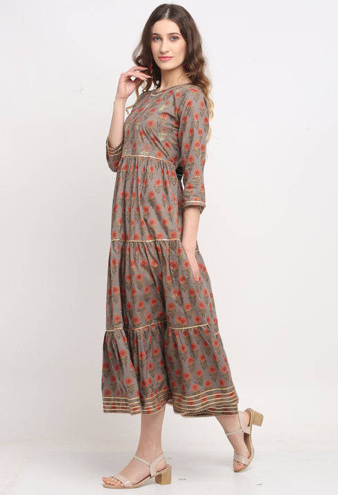 Grey And Orange Pure Cambric Cotton Jaipuri Floral Printed Kurti