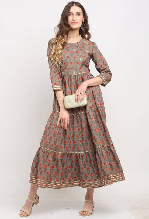 Grey And Orange Pure Cambric Cotton Jaipuri Floral Printed Kurti