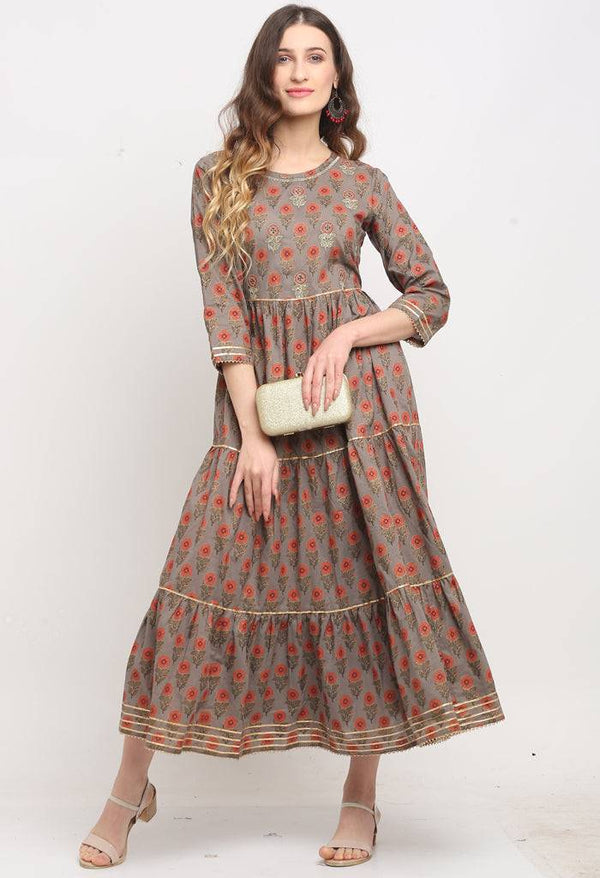 Grey And Orange Pure Cambric Cotton Jaipuri Floral Printed Kurti