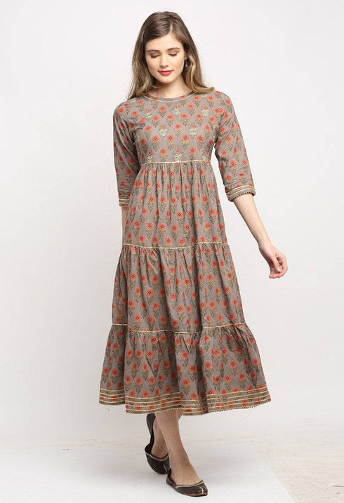 Grey And Orange Pure Cambric Cotton Jaipuri Floral Printed Kurti