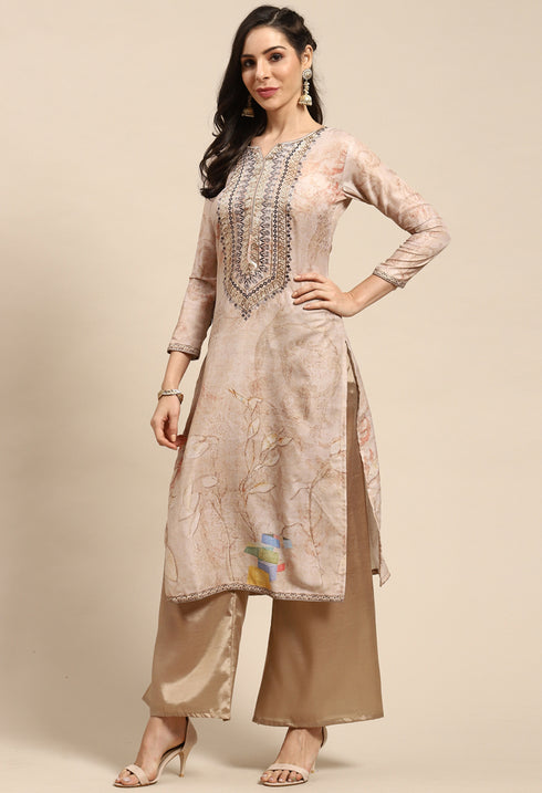 Beige Pure Muslin Embroidered Salwar Suit Material