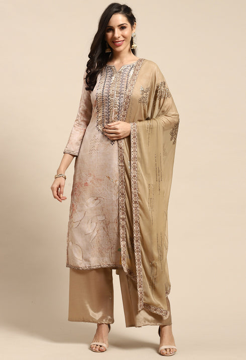 Beige Pure Muslin Embroidered Salwar Suit Material