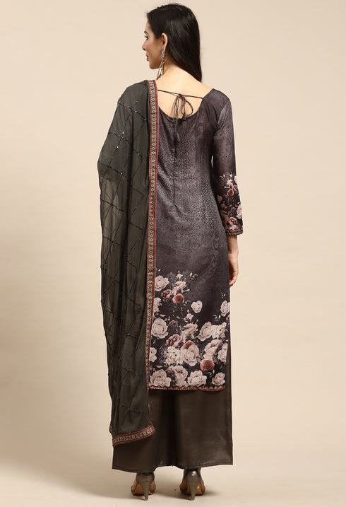 Charcoal Grey Pure Muslin Embroidered Salwar Suit Material