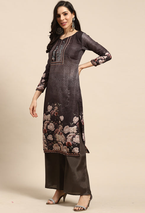Charcoal Grey Pure Muslin Embroidered Salwar Suit Material