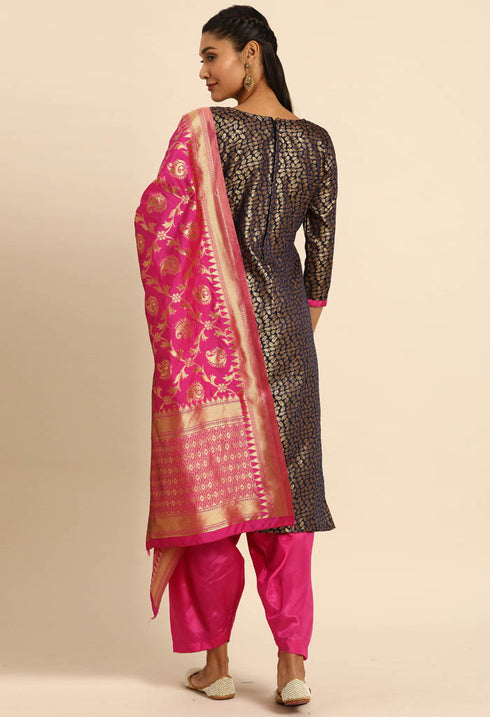 Blue Silk Blend Jaccquard Woven Salwar Suit Material