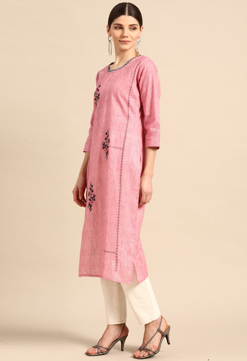 Pink Pure Cambric Cotton Embroidered Kurti