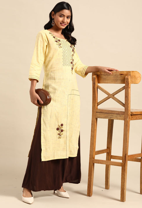 Yellow Pure Cambric Cotton Embroidered Kurti