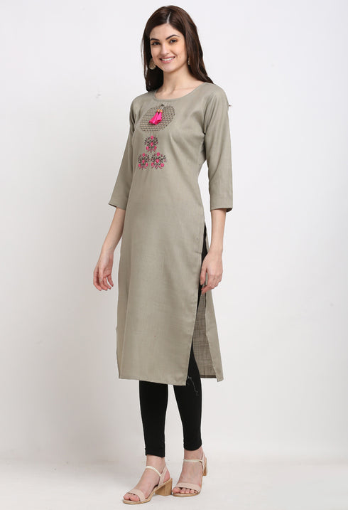 Grey Slub Cotton Floral Embroidered Kurti