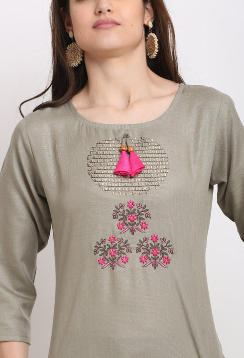 Grey Slub Cotton Floral Embroidered Kurti
