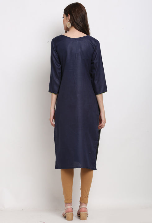 Navy Blue Slub Cotton Floral Embroidered Kurti