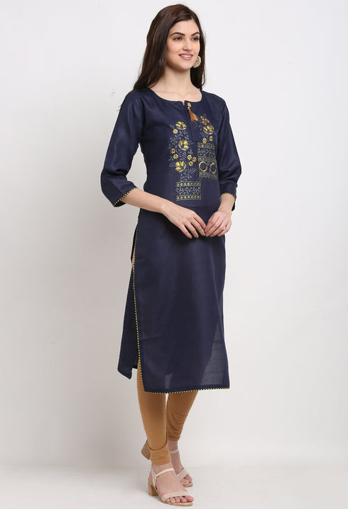Navy Blue Slub Cotton Floral Embroidered Kurti
