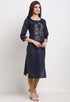 Navy Blue Slub Cotton Floral Embroidered Kurti