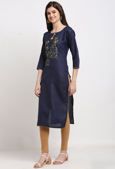 Navy Blue Slub Cotton Floral Embroidered Kurti