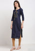 Navy Blue Slub Cotton Floral Embroidered Kurti