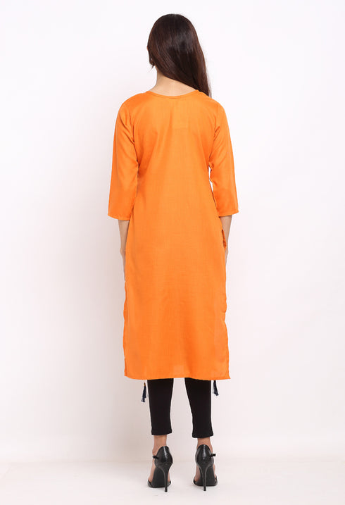Orange Slub Cotton Floral Embroidered Kurti